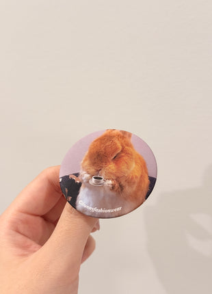 Eggie Drinking Coffee Pin back badge