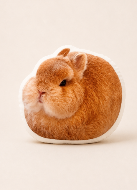 A round plush pillow featuring a printed design of a fluffy orange-brown rabbit with white fur details, set against a solid light beige background.